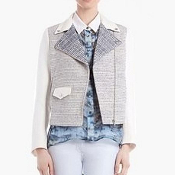 Sandro Paris Vernis Tweed Moto Jacket Blue White Gray Size 38 - Picture 1 of 14